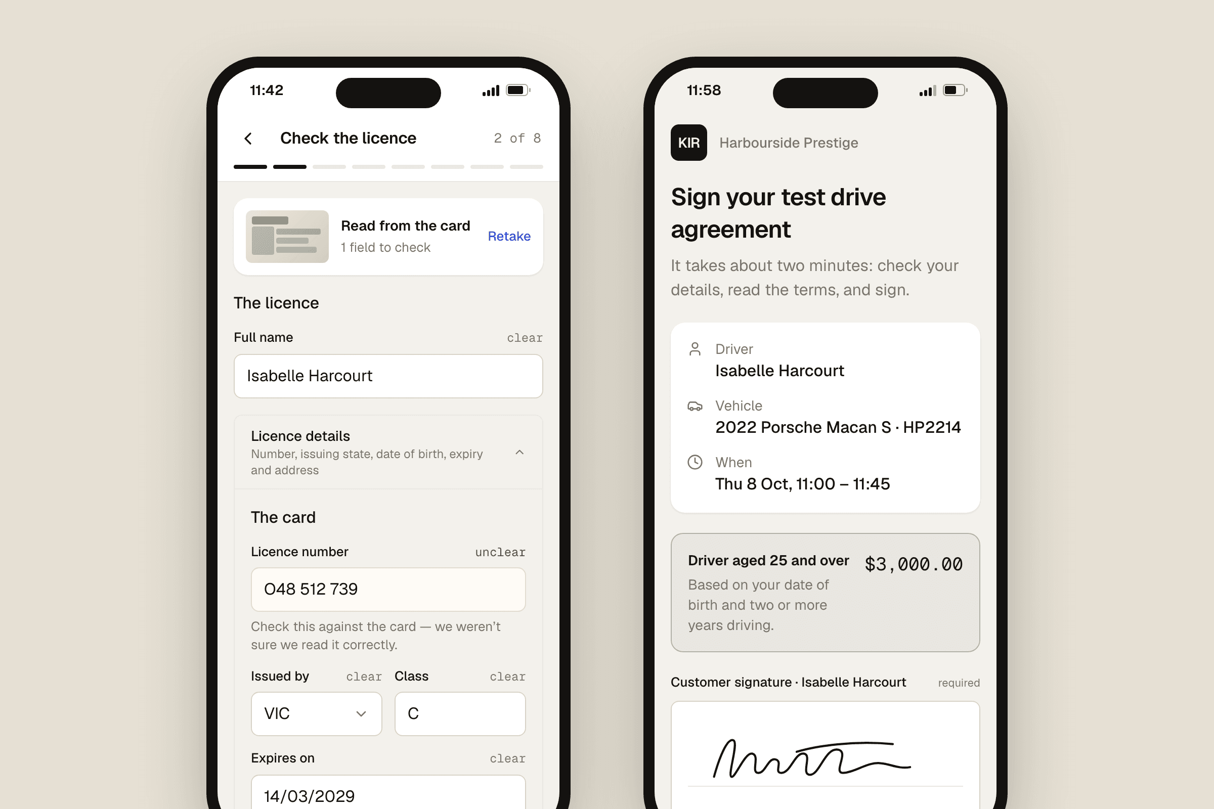 Two phones. Left: a salesperson checking licence fields read from a photo, with the licence number highlighted amber as unclear. Right: the customer's remote signing page with drive details, the excess that applies to them and a signature.