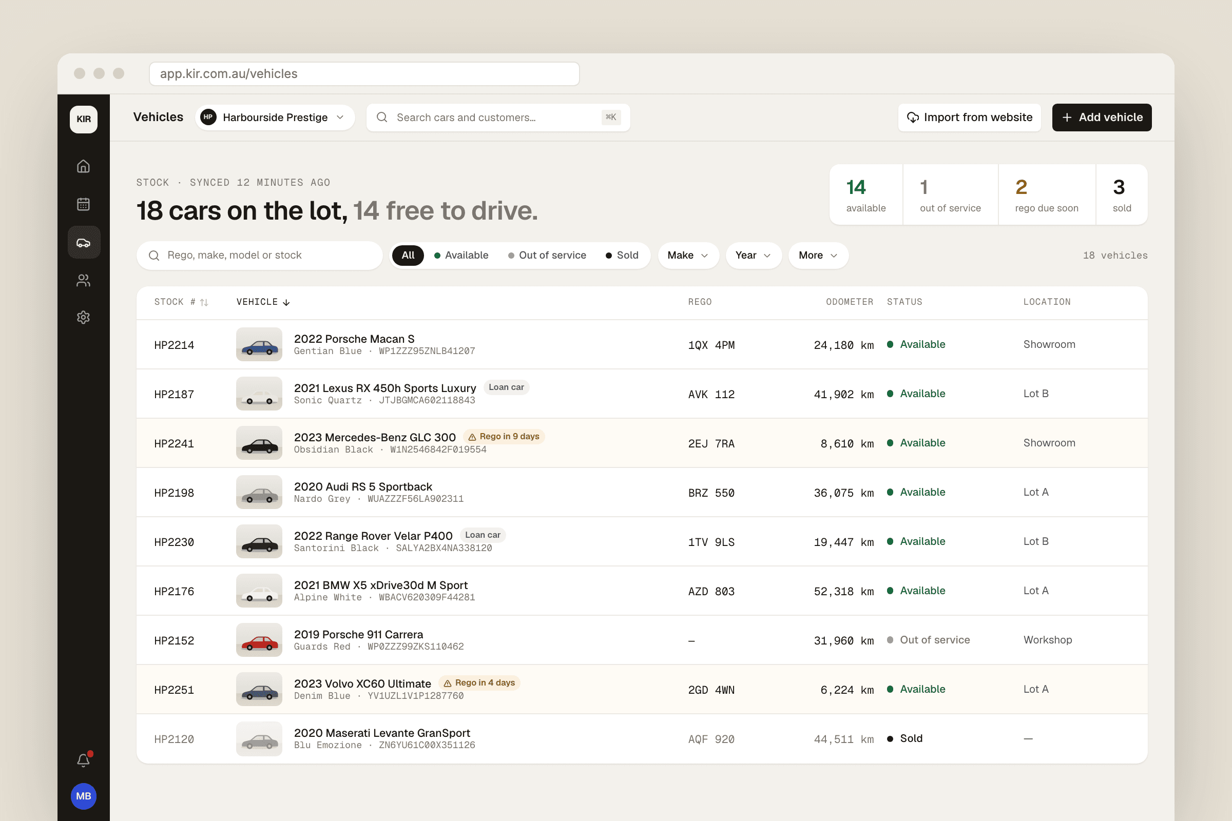 KIR vehicle list: stock synced from the dealership website twelve minutes ago, with rego, odometer, status and location columns, loan car tags and amber warnings on two cars whose registration is about to lapse.