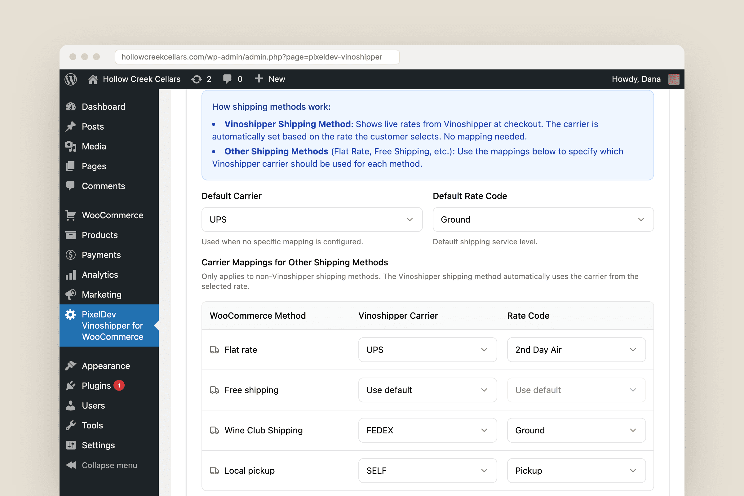 The API tab of the plugin, showing an explanation of how shipping methods work, default carrier and rate code selects, and a table mapping WooCommerce shipping methods such as Flat rate and Local pickup to Vinoshipper carriers and rate codes.