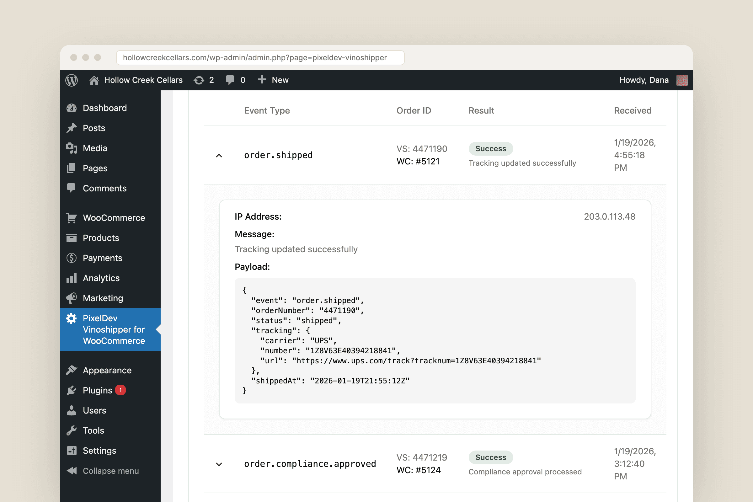 The Logs tab of the plugin with an expanded order.shipped webhook event showing the source IP, a Tracking updated successfully message and the JSON payload with UPS tracking details.