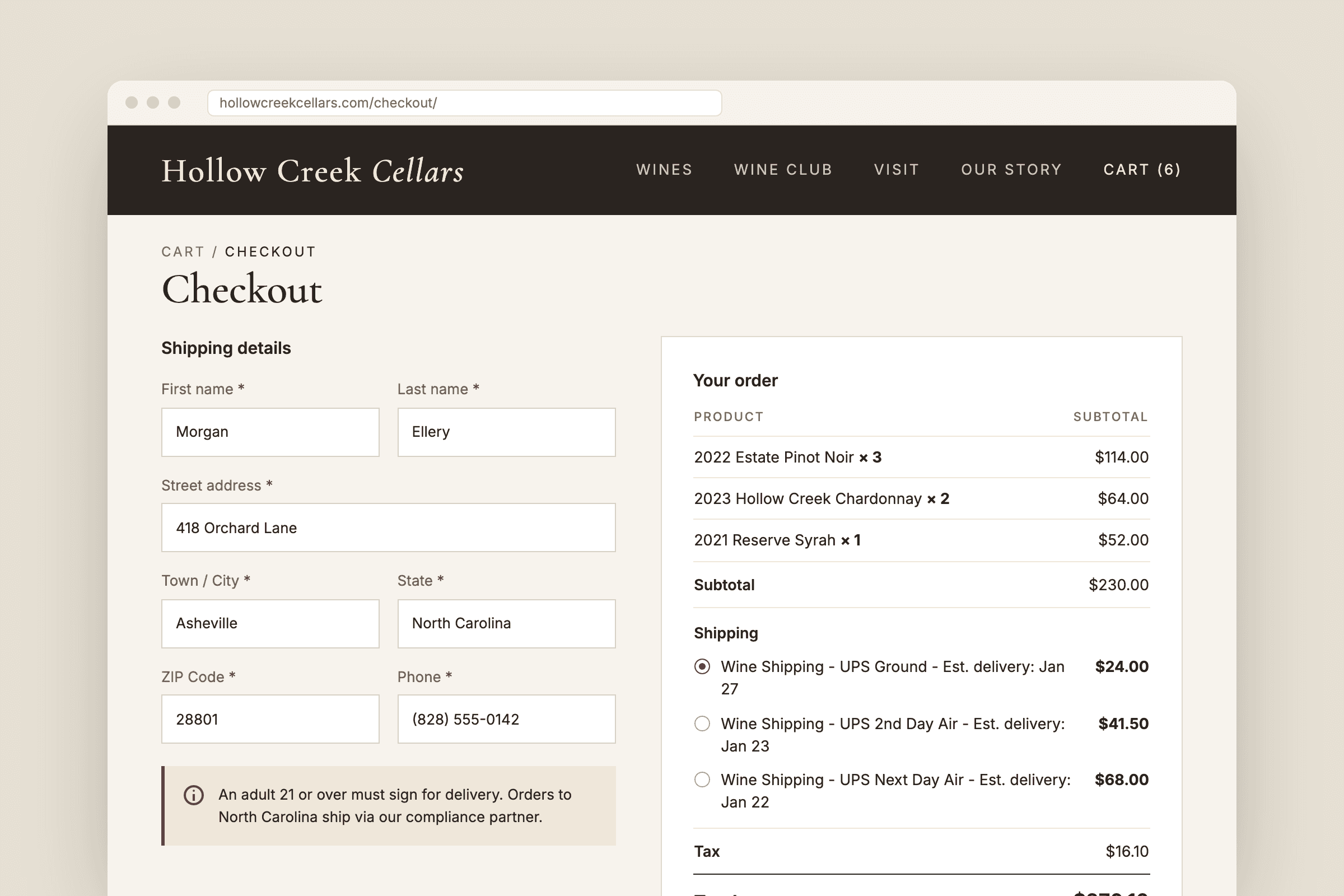 A checkout page on a fictional winery website, Hollow Creek Cellars, with a North Carolina shipping address and three Wine Shipping options showing UPS rates and estimated delivery dates.