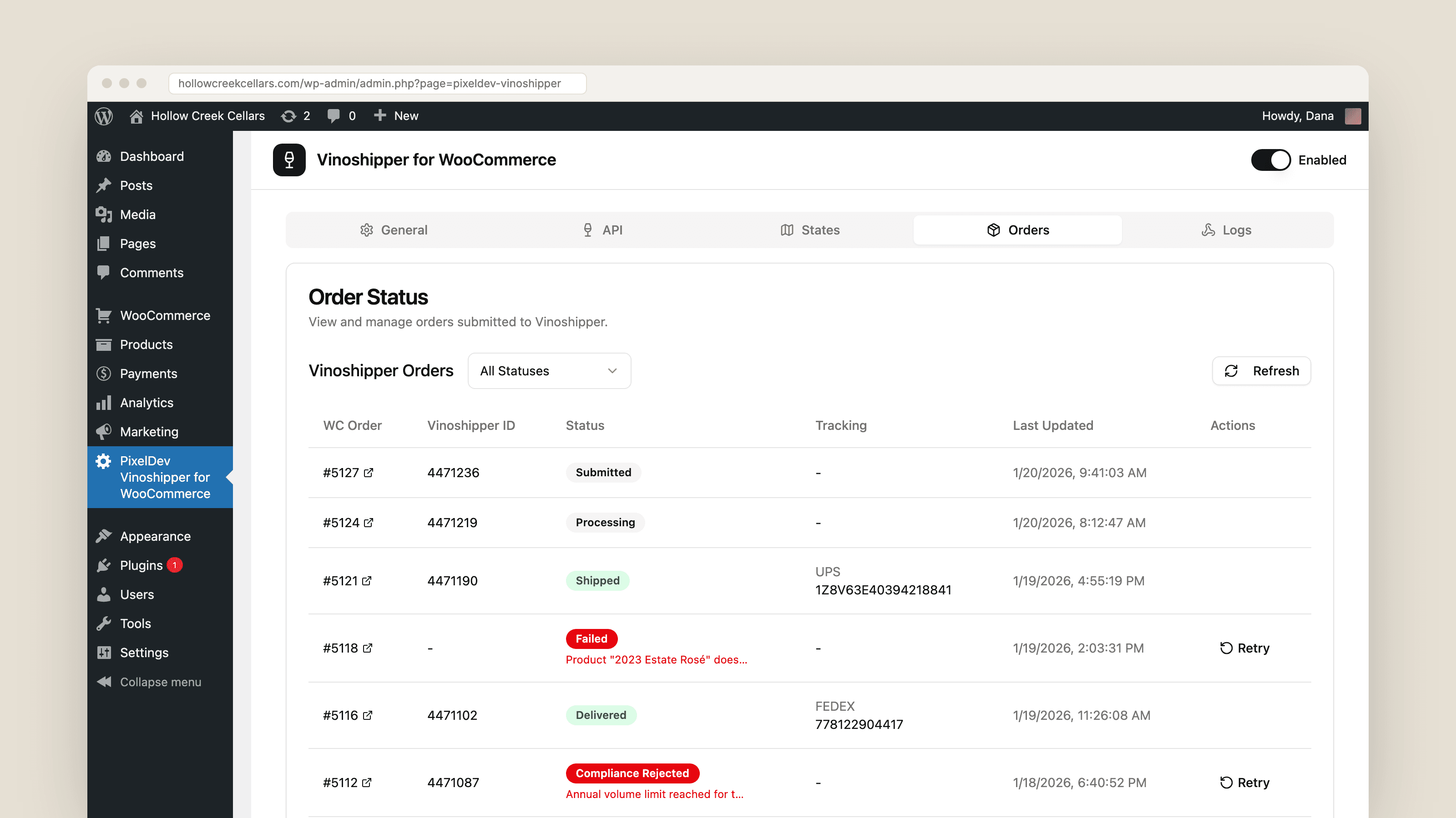 The Orders tab of the plugin inside wp-admin: a table of WooCommerce orders with their Vinoshipper IDs, status badges such as Shipped, Failed and Compliance Rejected, tracking numbers and Retry buttons.