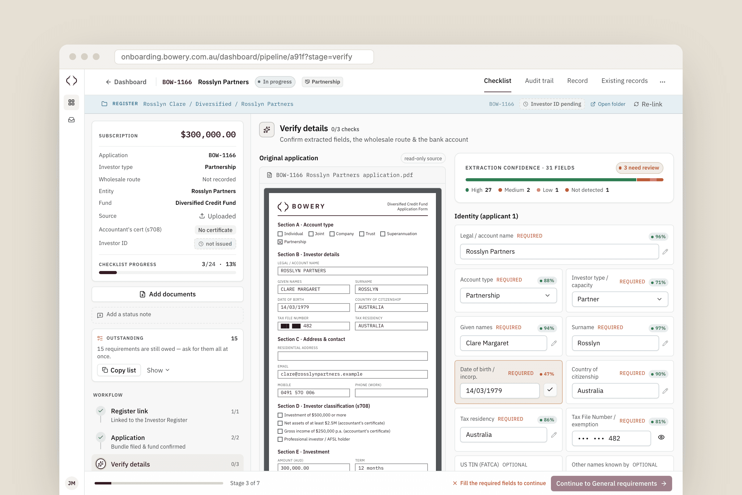 Verify stage showing the original application PDF on the left and extracted fields on the right, each with a confidence percentage, one medium-confidence date of birth flagged for review