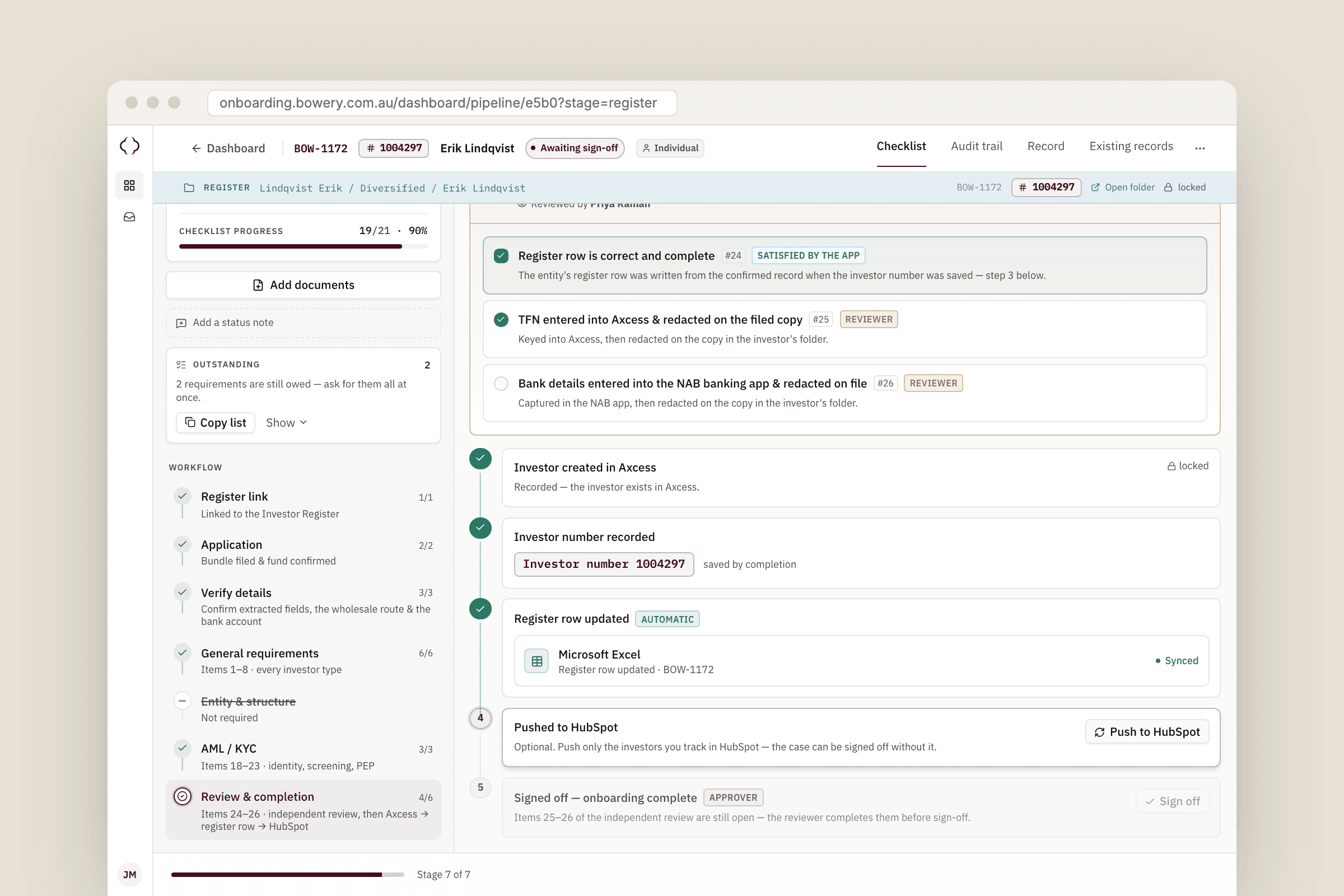 Review and completion stage with the independent review checks above a numbered sequence: investor created in Axcess, investor number recorded, register row updated and synced, an optional HubSpot push, and sign-off waiting on the reviewer