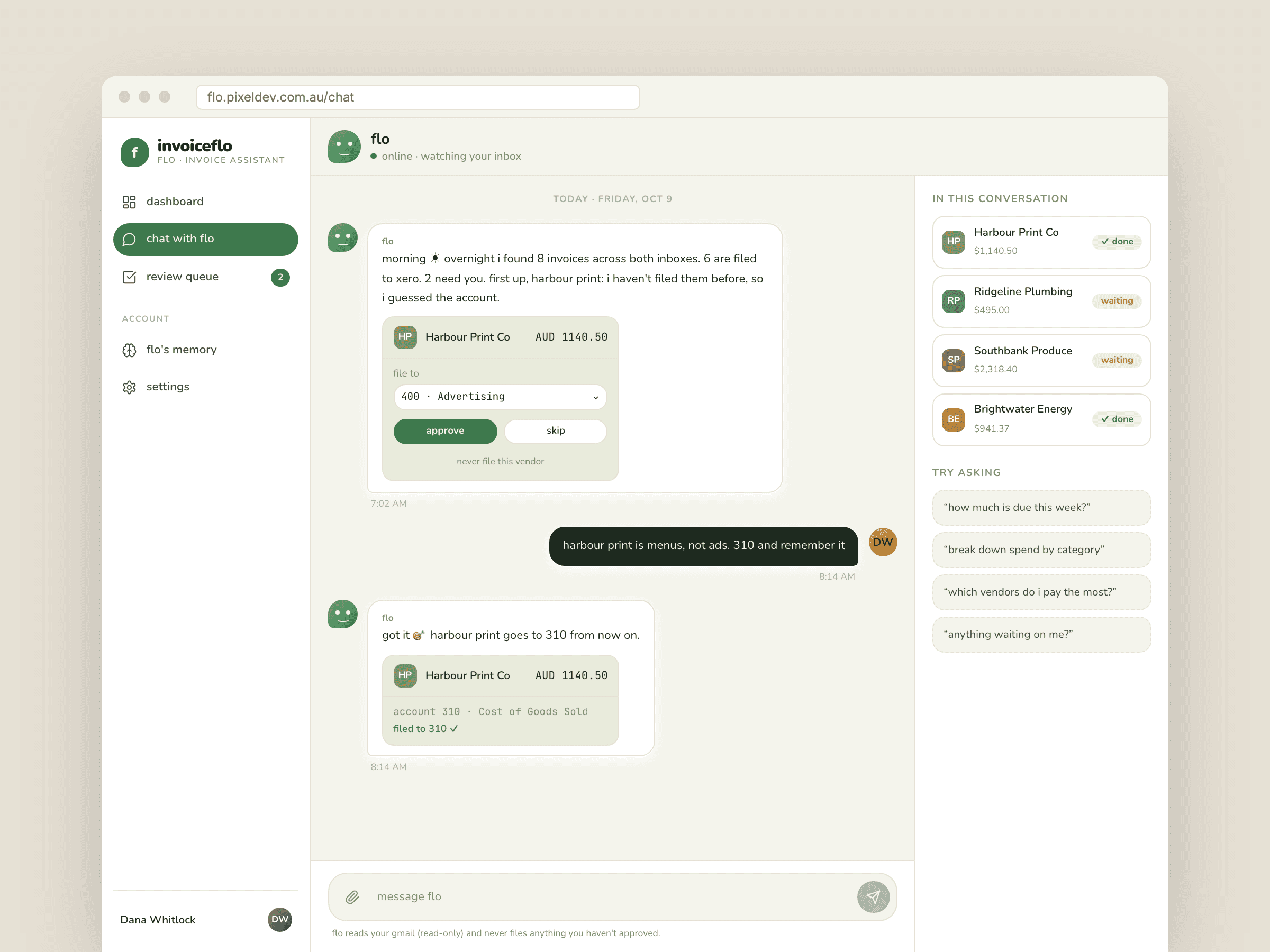 The invoiceflo chat screen: flo posts an approval card for a new vendor's invoice, the user corrects the account code, and flo files it to Xero and remembers the rule.