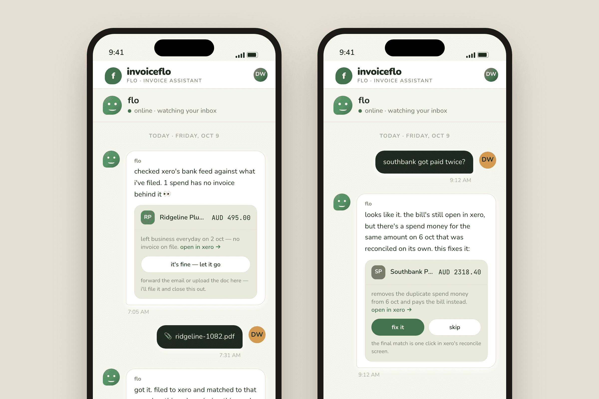 Two phones showing the invoiceflo chat: one chasing a bank spend with no invoice on file, the other offering to fix a bill that was paid twice.