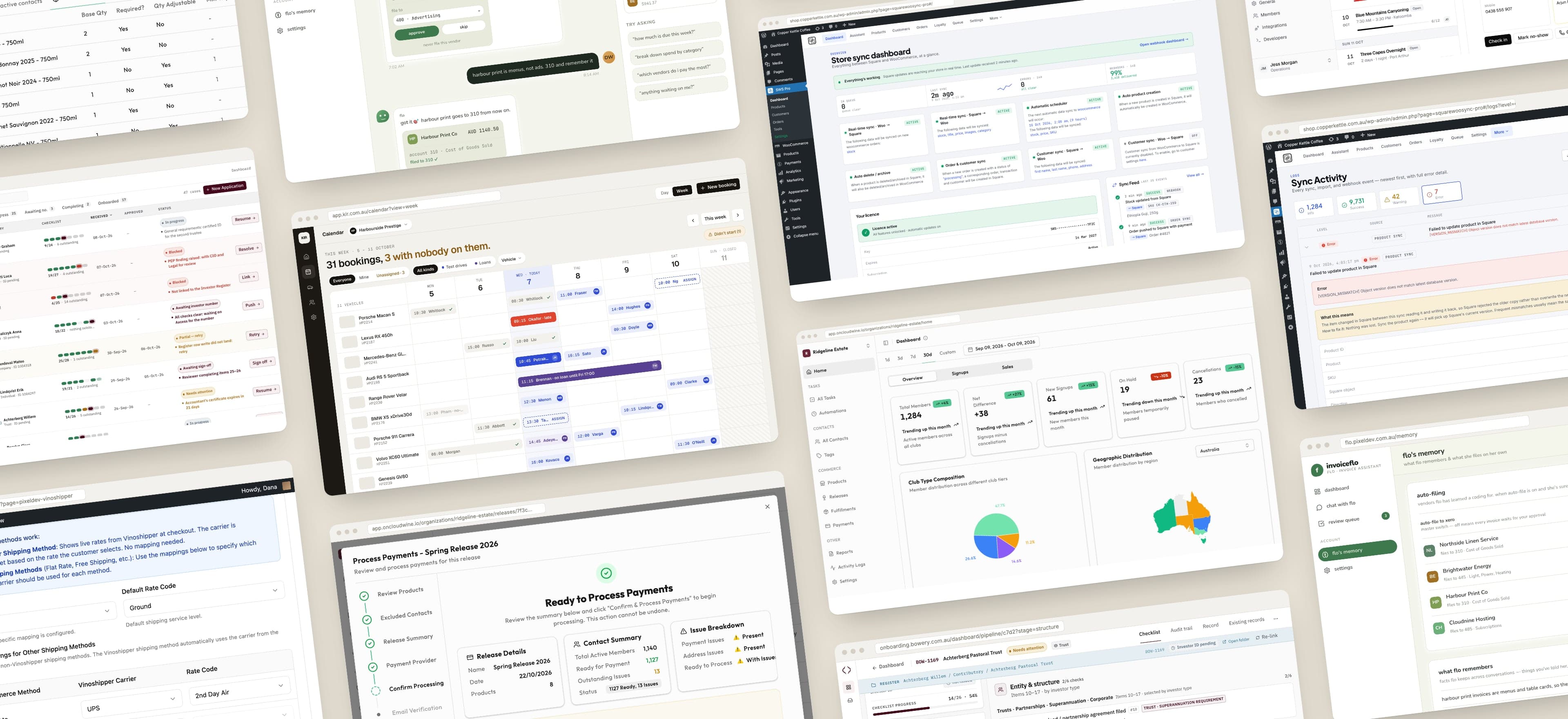 A wall of product screens from recent projects: sync dashboards, release and payment flows, booking calendars, onboarding checklists and chat.