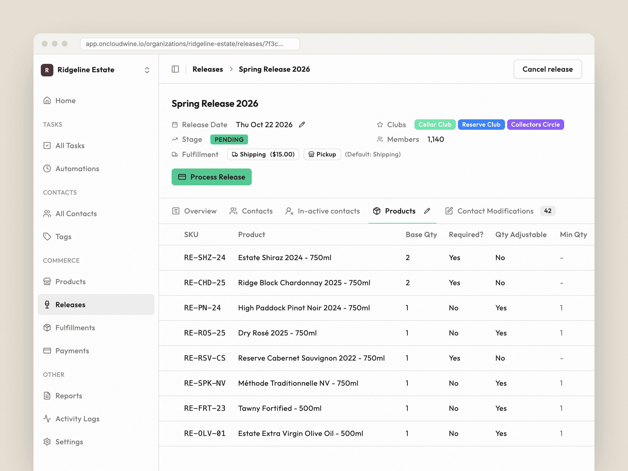 OnCloudWine release page showing a pending Spring release with its clubs, fulfilment options and product list