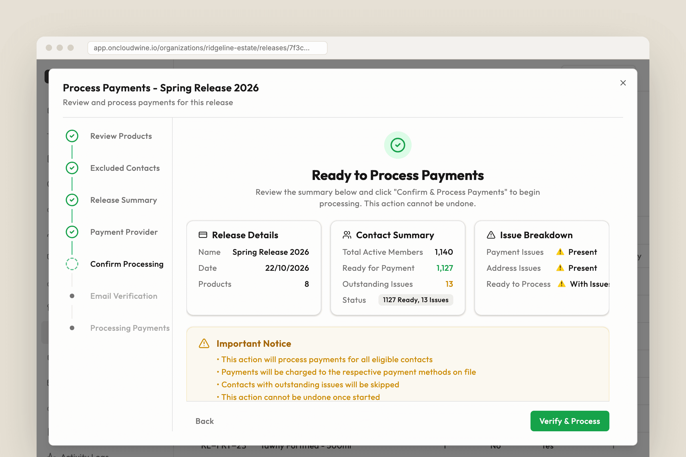 Process Payments wizard showing the confirmation step with release details, contact readiness and outstanding issues