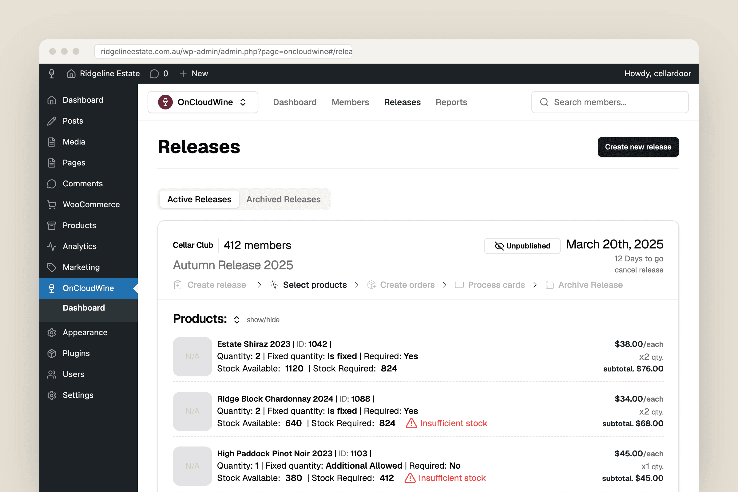 The original OnCloudWine WordPress plugin inside wp-admin, showing a release card with step progress and product stock checks