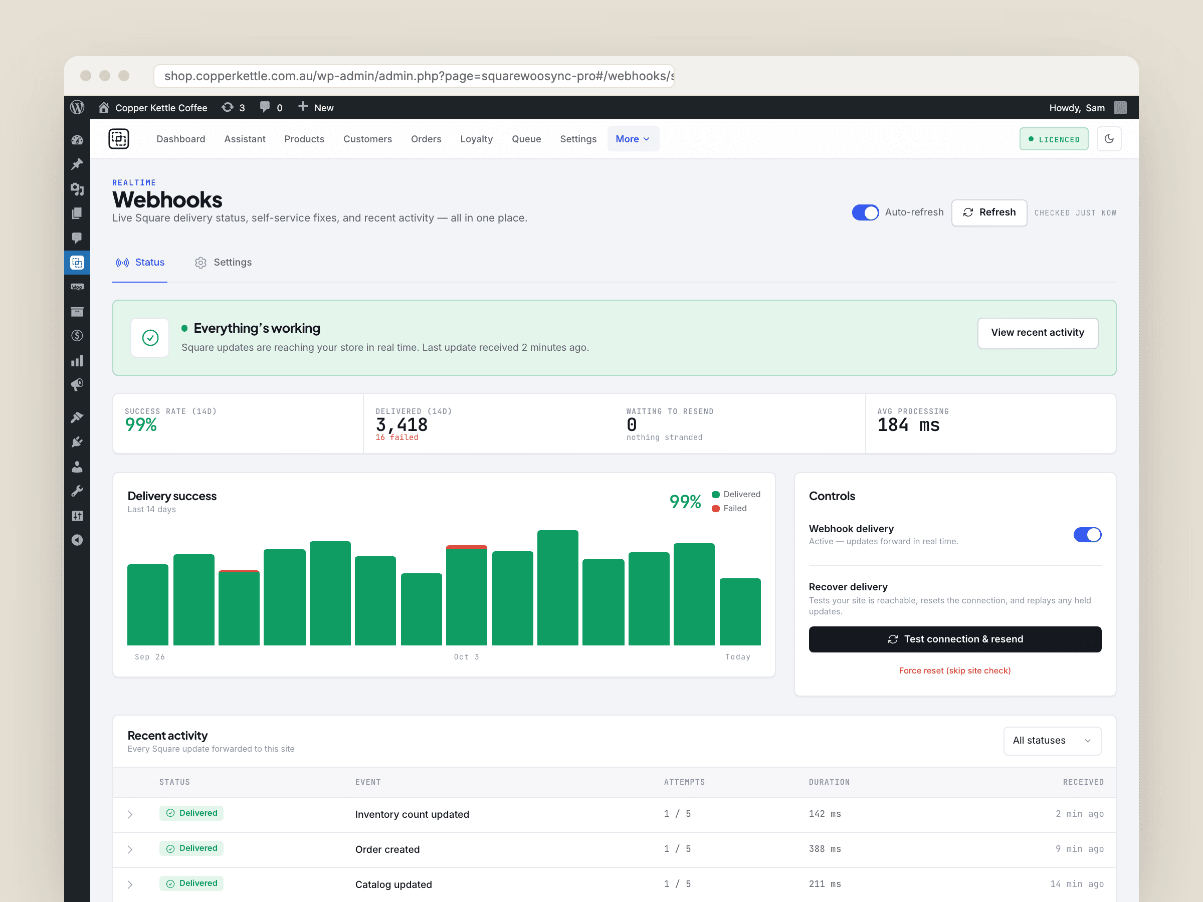 Square Sync for Woo webhook status screen inside wp-admin, showing 99% delivery success over 14 days and a recent activity table