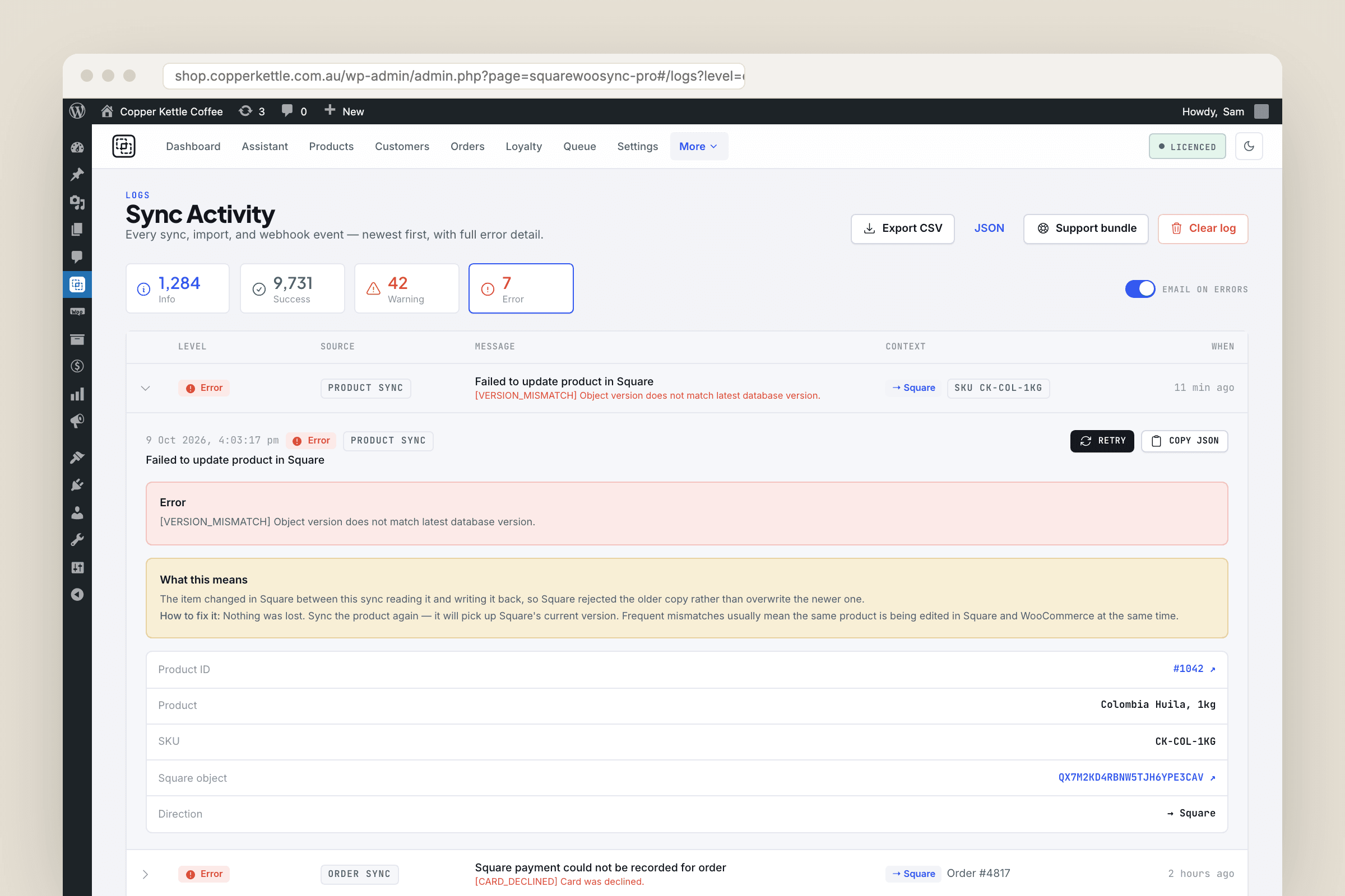 Sync Activity log with an expanded Square VERSION_MISMATCH error, showing the raw error, a plain-English explanation and fix, and links to the product and Square object