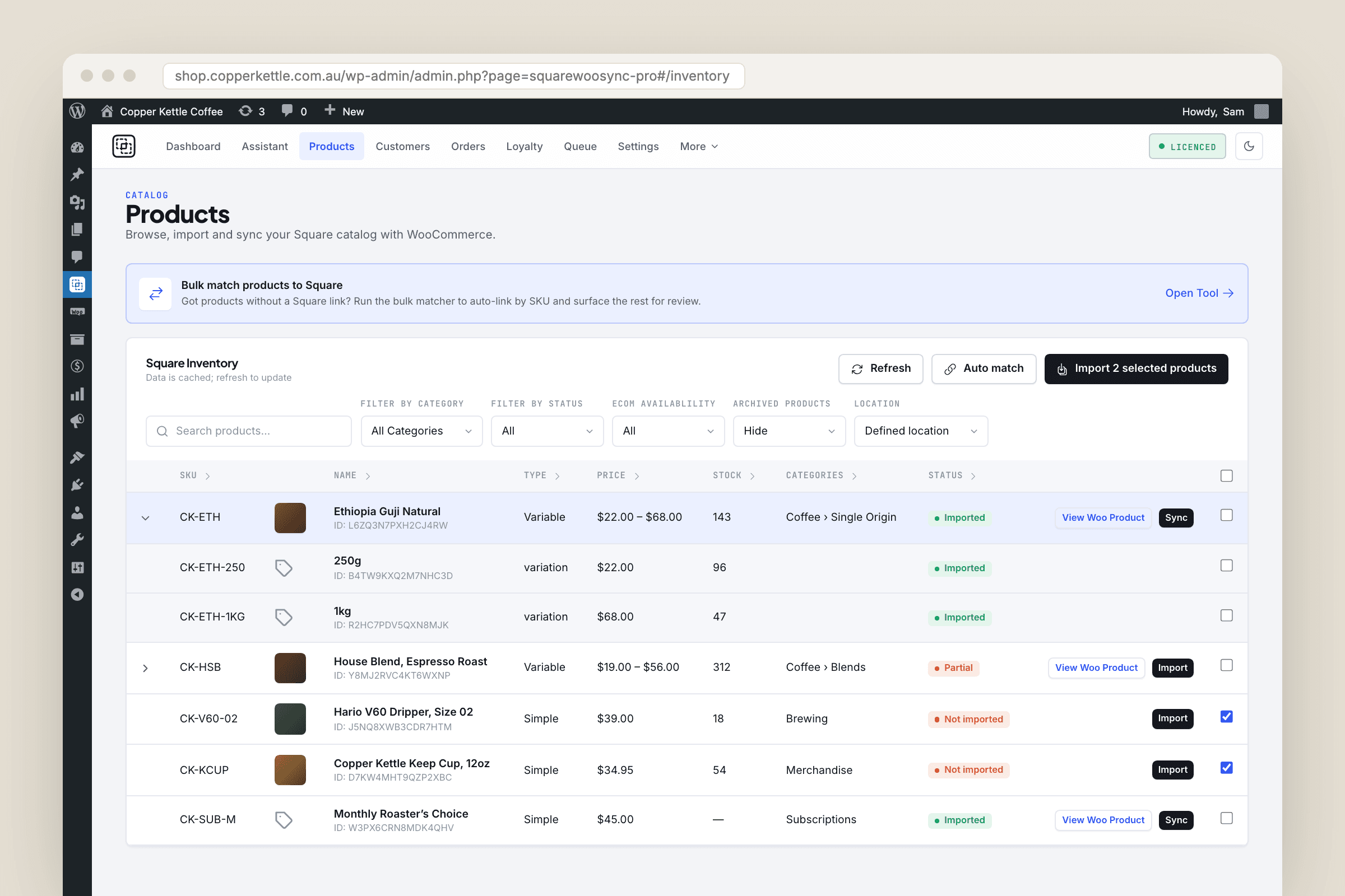 Products screen listing the Square catalogue with variations, stock, categories and Imported, Partial or Not imported status for each item