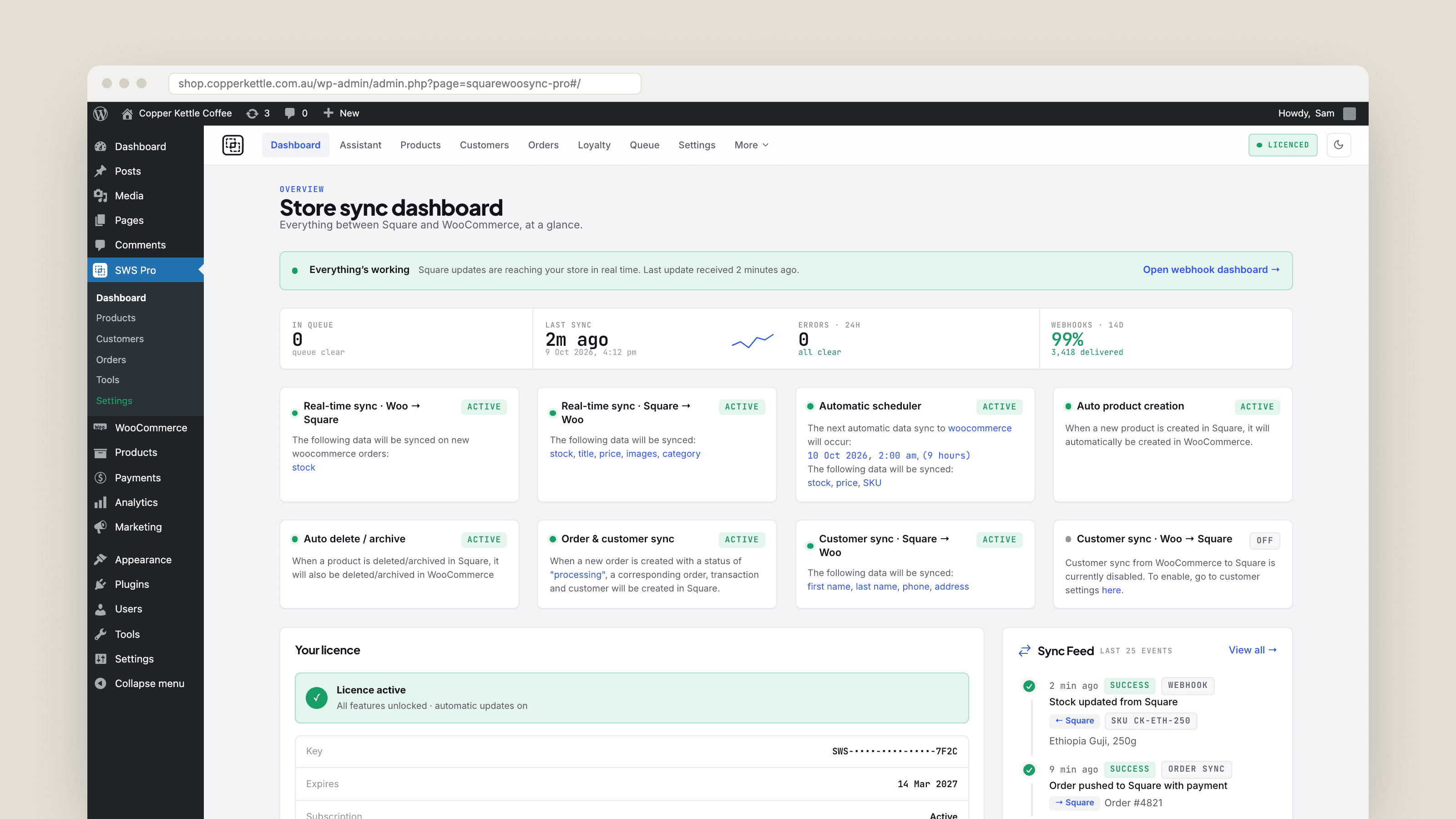 The Square Sync for Woo dashboard inside wp-admin: webhook health banner, queue and error stats, active sync features, licence and the live sync feed