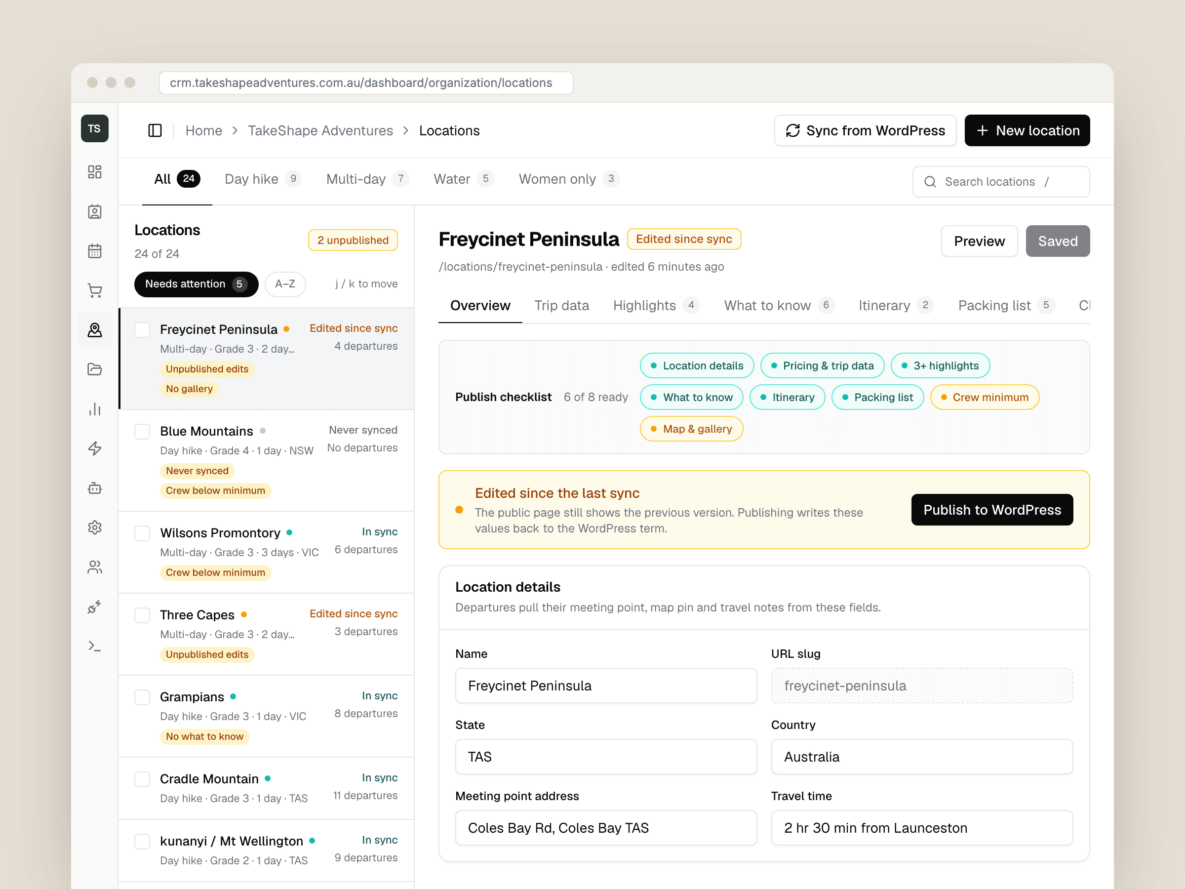 The locations workspace: a list of trip locations sorted by what needs attention, and the Freycinet Peninsula record open with its publish checklist and a prompt to publish edits to WordPress.