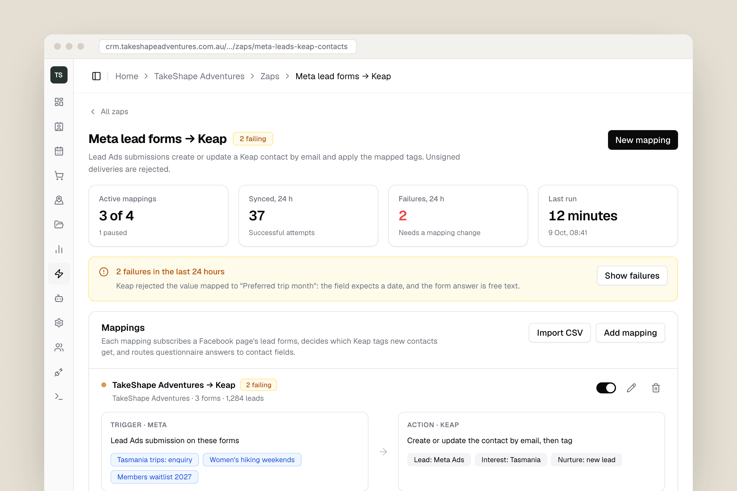 The Meta lead forms to Keap zap: four stat tiles, an amber alert explaining two failures, and a mapping shown as a Meta trigger panel with three lead forms and a Keap action panel with three tags.