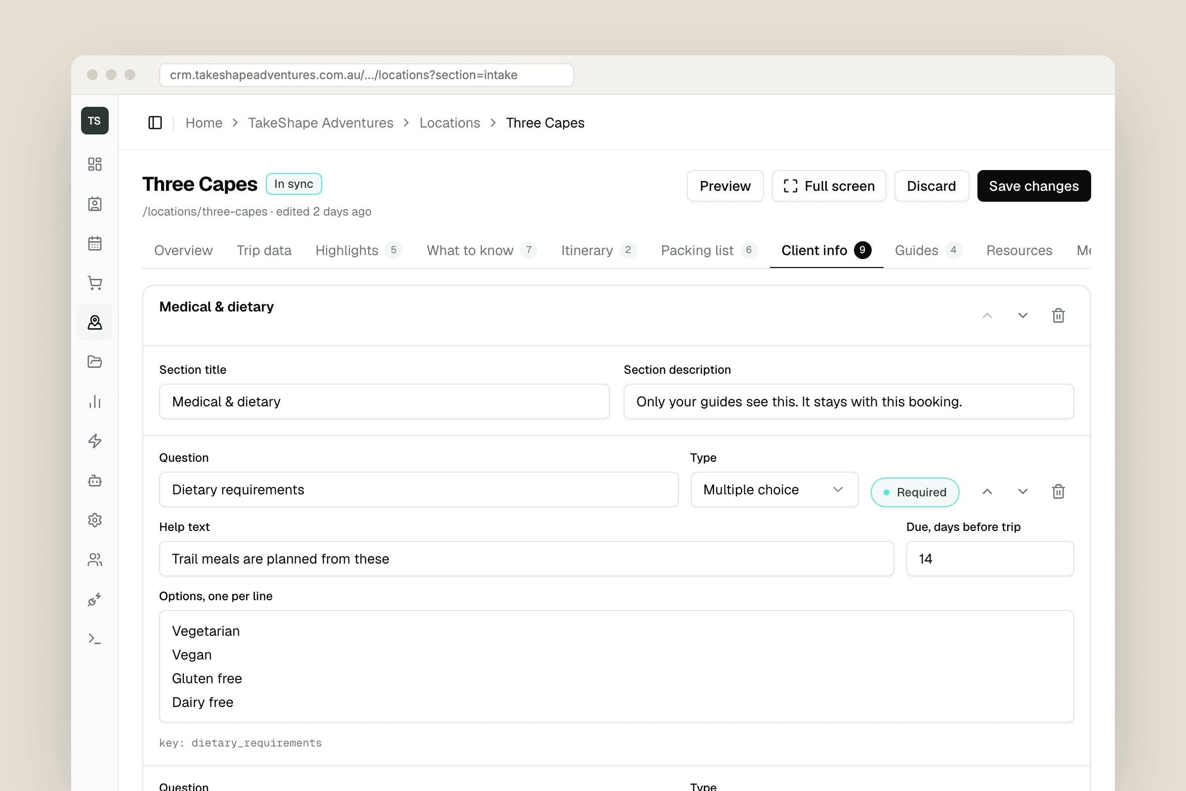 The Three Capes location on its Client info tab: a Medical and dietary section with a required multiple choice question about dietary requirements, due 14 days before the trip, and its stable field key shown underneath.
